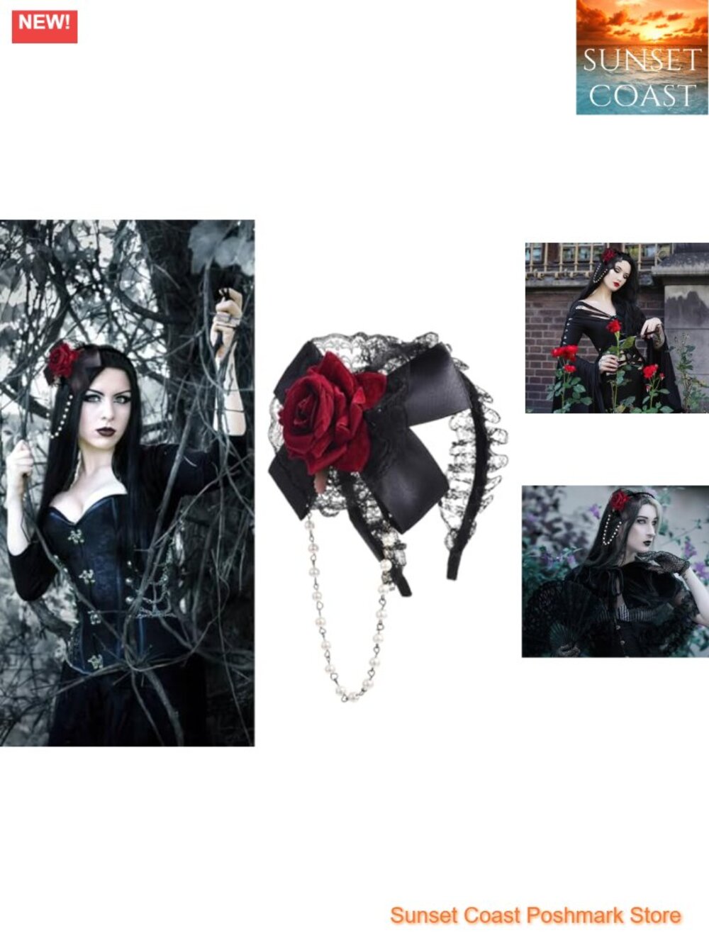 Gothic Lace Bow Pearl Pendant Headband Rose Flower Cosplay Hair Accessory